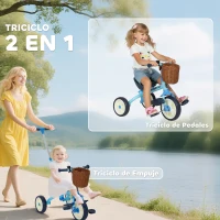 AIYAPLAY Triciclo para Bebés 2 en 1 para 2-5 Años con Barra Parental Pedales Antideslizantes, Reposapiés Plegables y Cesta Azul(m-4)
