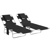 Outsunny 5-Position Adjustable Sun Loungers Set of 2 with Reading Hole and Side Pocket, Black(m-1)
