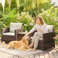 Outsunny Rattan Bistro Set, 3 Piece Garden Furniture Set with 2 Tier Glass Top Table and Cushions, Mixed Brown(m-8)