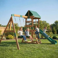 AIYAPLAY Aire de Jeux portique en Bois avec 2 balançoires et Toboggan, Mur d'Escalade et Terrasse Couverte, pour 3 à 8 Ans(m-2)