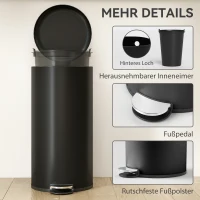 HOMCOM Mülleimer 30L Treteimer Abfalleimer mit Deckel Fußpedal Inneneimer, Soft-Close-Funktion 36 x 30 x 63,5 cm, Schwarz(m-7)