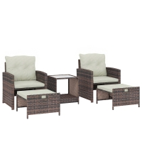 Outsunny Set de muebles de jardín de ratán 5 piezas Conjunto para balcón con 2 sillas, cojines, reposapiés, mesa con compartimento Blanco crema