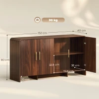 HOMCOM Buffet salon, meuble de rangement avec 4 portes à fermeture douce, 4 compartiments et bords arrondis, 152x40x80cm, noyer(m-3)