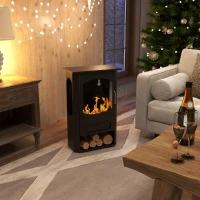 HOMCOM Biokominek z etanolem, wolnostojący, 3-godzinny czas palenia, do 25 m², półka na drewno opałowe, nierdzewna stal, czarny, 43 x 25 x 68 cm(m-2)