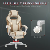 HOMCOM Silla Gamer Reclinable con Altura Ajustable Reposapiés Retráctil Soporte Lumbar y Reposacabezas Desmontable Crema(m-6)