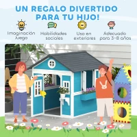 Outsunny Casita de Madera Infantil con Puerta Ventanas Jardineras y Repisas con Detalles de Color 114x126,4x135 cm Azul(m-6)