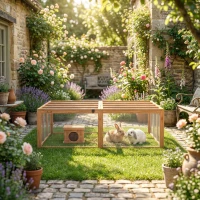 PawHut Enclos d'extérieur pour lapins en bois avec 2 portes maisonnette pour 2-4 lapins nains 180,4 x 150 x 48 cm Orange(m-4)