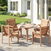 Outsunny Wooden Garden Furniture Set Seating Set Round Table with 4 Wide Chairs Umbrella Hole Slatted Look Natural Wood(m-2)