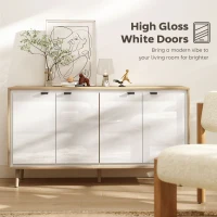 HOMCOM Bufet Modern cu 4 Uși și Raft Reglabil, 141x35x77 cm, Alb Lucios și Stejar(m-4)