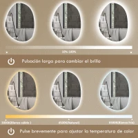 HOMCOM Espejo de Baño con Luz LED 70x50 cm 3 Colores de Luz Brillo Regulable Función Antivaho Función de Memoria IP44(m-4)