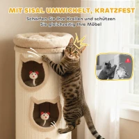 PawHut Katzenkratzfass, 96 cm, 4-Ebenen-Katzenturm mit waschbarem Bett, 3 Schlafhöhlen, Hängespielzeug, für mehrere Katzen Grau(m-5)