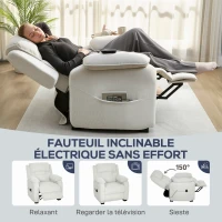 HOMCOM Fauteuil relax électrique fauteuil inclinable port USB repose-pieds poches latérales télécommande 86x90x103cm crème(m-4)