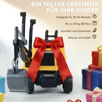 AIYAPLAY Sitzbagger Aufsitzbagger mit Schaufel Lenkrad drehbar Aufbau verstellbar Rückenlehne für Kinder 1,5-3 Jahre Gelb(m-9)