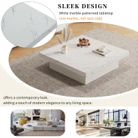 Modern Square Coffee Table with 4 Drawers and Sliding Surface, Space-Saving Center Table for Living Rooms, 90L x 90W x 25H cm, White(m-6)