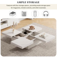 Modern Square Coffee Table with 4 Drawers and Sliding Surface, Space-Saving Center Table for Living Rooms, 90L x 90W x 25H cm, White(m-5)