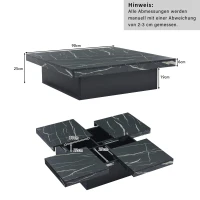 Modern Square Coffee Table with Sliding Top and 4 Built-In Drawers, Versatile Center Table for Living Spaces, 90L x 90W x 25H cm, Black(m-3)