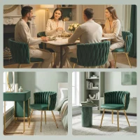 HOMCOM Velvet-Feel Dining Chairs Set of 2, Modern Upholstered Kitchen Chairs with Woven Backrest and Armrests, Metal Legs and Padded Seat for Dining Room, Bedroom, Living Room, Dark Green(m-9)