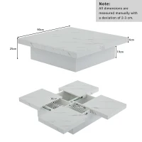 Modern Square Coffee Table with 4 Drawers and Sliding Surface, Space-Saving Center Table for Living Rooms, 90L x 90W x 25H cm, White(m-3)