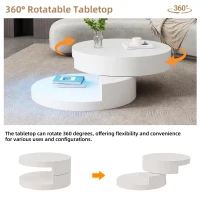 Round Rotating Coffee Table with Remote-Controlled LED Strip, Space-Saving Tabletop with Double-Layer Storage, 70L x 70W x 35.5H cm, White(m-6)
