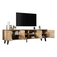 Modern Vintage TV Stand with Sturdy Five-Legged Support, Spacious Unit with 4 Openwork Doors and 9 Shelves, 180L x 40W x 55H cm, Wood(m-9)