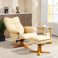 HOMCOM PU Leather Swivel Recliner Chair with Footstool, Wooden Base and Storage for Living Room, Beige(m-2)
