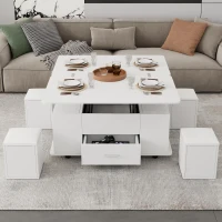 Modern Lift-Top Coffee Table with Hydraulic Lift and Hidden Storage, Versatile Unit with 4 Stools and Drawer, 100L x 50W x 45H cm, White(m-8)