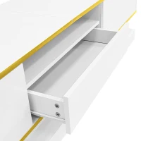 Modern LED TV Cabinet with High-Gloss Finish and Metallic Trim, Spacious Unit with Open Compartment, 180L x 38W x 45H cm, White(m-11)