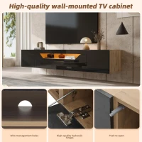 Floating TV Stand with App-Controlled LED Strip and Pull-Down Door, Wall-Mounted TV Unit with Storage Shelves, 180L x 37W x 36H cm, Black(m-5)