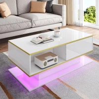 Modern LED Coffee Table with High-Gloss Finish and Gold Accents, Illuminated Unit with Drawers and Storage, 100L x 50W x 40H cm, White(m-9)