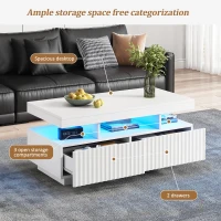Modern Coffee Table with App-Controlled LED and Two Ribbed Drawers, Sleek Unit with Open Display Shelf, 100L x 50W x 45H cm, White(m-5)