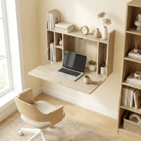 HOMCOM Wall Mounted Desk, Drop Leaf Floating Laptop Desk with Space Saving Storage Compartments for Home Office, Oak(m-2)
