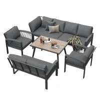 Stylish Garden Lounge Set with Galvanised Iron Frame and Wood‑Grain Table, Large Sofas and Table for 8 People, 124L x 69W x 86H cm, Gray(m-2)