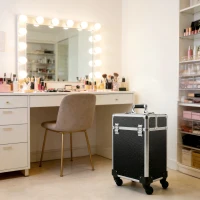 HOMCOM Maleta de Maquillaje Profesional con Ruedas Mango 2 Bandejas Compartimento Inferior Negro(m-6)