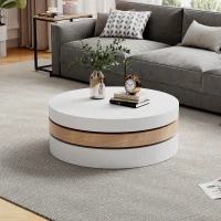 Round Coffee Table with Rotating Hidden Storage Sections, Space-Saving Table for Modern Living Spaces, 60L x 60W x 35H cm, White+Wood(m-6)