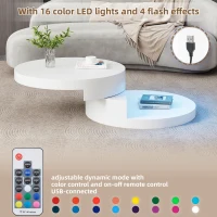 Round Rotating Coffee Table with Remote-Controlled LED Strip, Space-Saving Tabletop with Double-Layer Storage, 70L x 70W x 35.5H cm, White(m-5)
