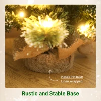 HOMCOM 60 cm Prelit Small Christmas Tree, Snow Flocked Tabletop Mini Xmas Tree with 35 LED Lights, Pine Cones and Linen Cover Base, Battery Operated, Green(m-7)