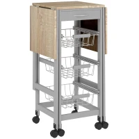 HOMCOM Carrito Auxiliar Plegable Carrito de Cocina con 6 Ruedas 1 Cajón y 3 Cesta de Metal 97,2x37x77,5 cm Gris y Roble(m-1)