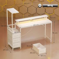 HOMCOM Escritorio Gaming Mesa para Ordenador con Soporte de CPU Regulable y Reversible, Luces RGB, Puertos USB Soporte para Monitor y 3 Cajones de Tela 147x47x130 cm Blanco(m-3)