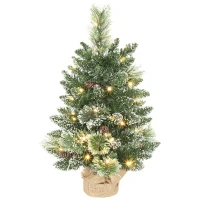 HOMCOM 60 cm Prelit Small Christmas Tree, Snow Flocked Tabletop Mini Xmas Tree with 35 LED Lights, Pine Cones and Linen Cover Base, Battery Operated, Green(m-10)