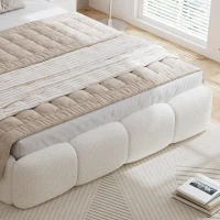 Plush Boucle Bed with Hydraulic Storage and Raised Headboard, Durable Frame with Slats, Self-Assembly, 204.5L x 142W x 100.5H cm, Beige(m-11)