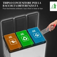 HOMCOM Pattumiera Differenziata Cestino Spazzatura 3 Scomparti Argento(m-4)
