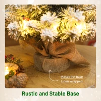 HOMCOM 60 cm Prelit Small Christmas Tree with 35 LED Lights, Snow Flocked Tabletop Mini Xmas Tree with 72 Dense Branches, Pine Cones, Berry Clusters and Linen Cover Base, Battery Operated, Green(m-7)