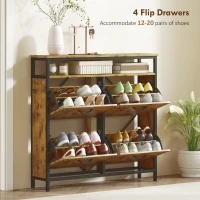 HOMCOM Shoe Storage Cabinet with 4 Flip Drawers and Open Shelf - Rustic Brown(m-4)