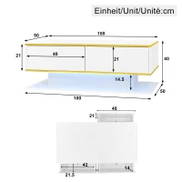 Modern LED Coffee Table with High-Gloss Finish and Gold Accents, Illuminated Unit with Drawers and Storage, 100L x 50W x 40H cm, White(m-3)