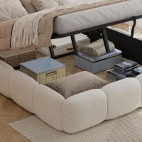 Plush Boucle Bed with Hydraulic Storage and Raised Headboard, Durable Frame with Slats, Self-Assembly, 204.5L x 142W x 100.5H cm, Beige(m-10)