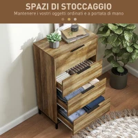 HOMCOM Cassettiera 4 Cassetti Antiribaltamento con Maniglie Nere, in Legno e Metallo, 62x35x105 cm, Marrone Chiaro(m-5)