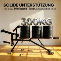 SPORTNOW Hantelbank verstellbar bis 300 kg 3 in 1 Trainingsbank mit Rollen Beinstrecker Curlpult Kopfstütze Widerstandsbändern(m-5)