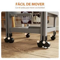 HOMCOM Carrito Auxiliar Plegable Carrito de Cocina con 6 Ruedas 1 Cajón y 3 Cesta de Metal 97,2x37x77,5 cm Gris y Roble(m-5)