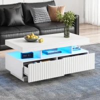 Modern Coffee Table with App-Controlled LED and Two Ribbed Drawers, Sleek Unit with Open Display Shelf, 100L x 50W x 45H cm, White(m-8)