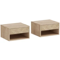HOMCOM Set di 2 Comodini Sospesi Moderni con Cassetto e Vano Aperto, 37x32x21 cm, Legno Naturale(m-1)